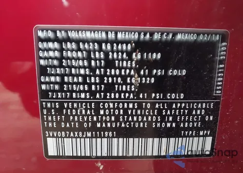 2018 Volkswagen Tiguan 2.0T S from USA, damaged, VIN 3VV0B7AX8JM111961